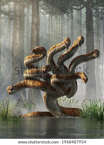 The hydra is a multi-headed snake monster out of ancient Greek and Roman mythology that was killed by Hercules. 3D Rendering Foto stock © 