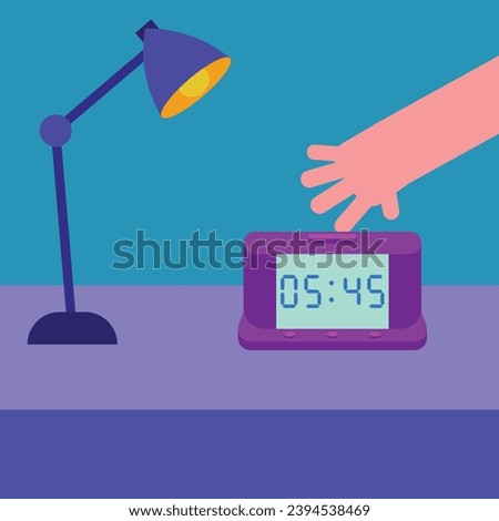 Hand turning off digital alarm clock kept on table near lamp in bedroom. Switch off an alarm from bed. Productivity, morning routine, fitness, motivation, study, exercise. Flat vector illustration.