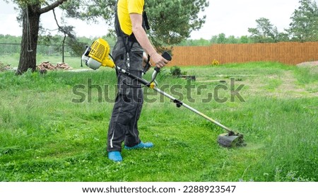 A male gardener mows the green grass of the lawn in the backyard with a gasoline mower. Trimmer for the care of a garden plot Foto stock © 