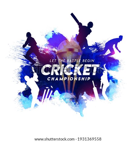 Illustration of batsman and bowler playing cricket championship sports with trophy on blue abstract paint stroke background