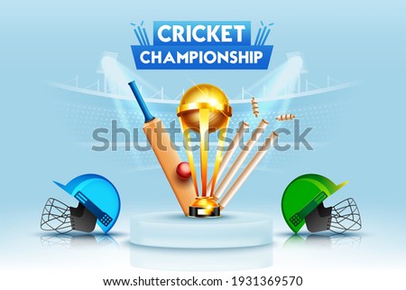 Cricket championship league concept with 2 teams match poster or banner, cricket bat, ball, stump, helmet with winning cup trophy.