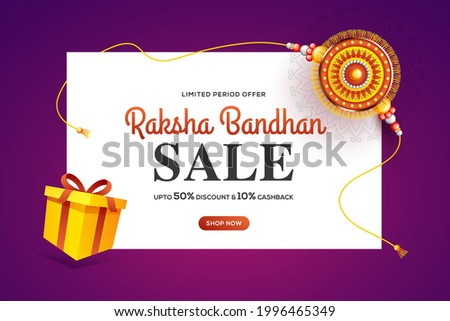 Creative background with decorated rakhi and gift for Raksha Bandhan Sale  – Indian festival of sisters and brothers.