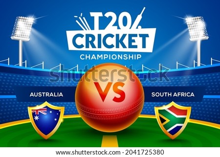 T20 Cricket Championship concept Australia vs South Africa match header or banner with cricket ball on stadium background.