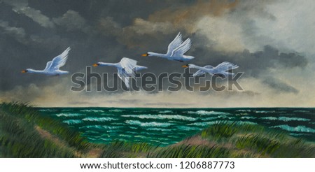 Oil painting of four white migratory birds flying on a coast over a green sea with waves