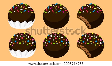 Chocolate ball set. Choco peanut butter ball. Bitten off
. Vector illustration isolated.