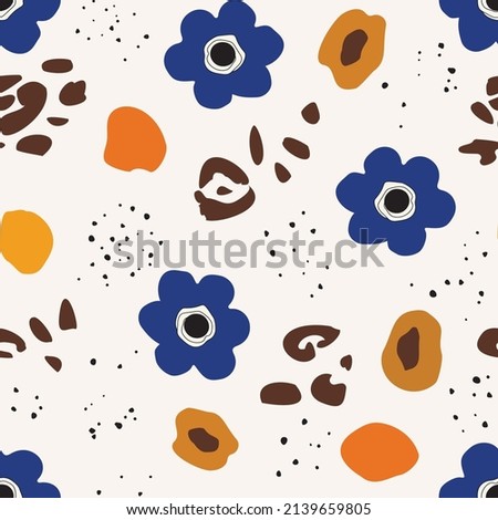 Seamless background with primitive childish floral pattern. Simple minimalistic background, cute big light flowers in boho style. print for a banner, postcard, packaging, textiles.