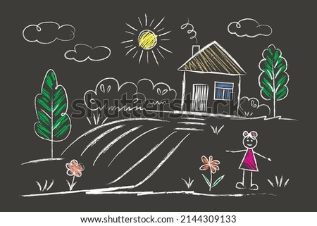 House, Sun, girl, tree, flower - doodle drawings are drawn by child's hand in chalk on the asphalt or on the school blackboard. White lines and color coloring on black blue background Foto d'archivio © 