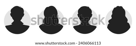 Male and female portraits, silhouettes, avatars or profiles for unknown anonymous persons. Man, woman, people. Black and white vector illustration. All objects are isolated