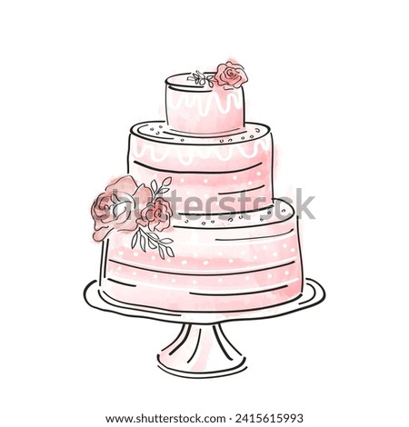 multi-tiered cake with roses on a stand, Modern hand drawn, doodle style and watercolor isolated on white background. Birthday card, wedding card, logo sticker label for bakery.