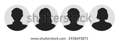 Male and female portraits, silhouettes, avatars or profiles for unknown anonymous persons. Man, woman, people. Black and white vector illustration. All objects are isolated