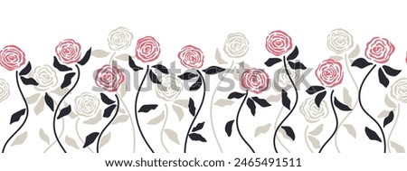 Seamless floral pattern with hand drawn floral garden elements, red roses and dark leaves on off-white, white background. Monochrome modern botanical print