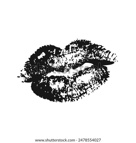 Trace kiss, women's lips, lipstick. Black and white icon and symbol lips. Beauty brand, imprint, symbol. Vector illustration isolated on white background.