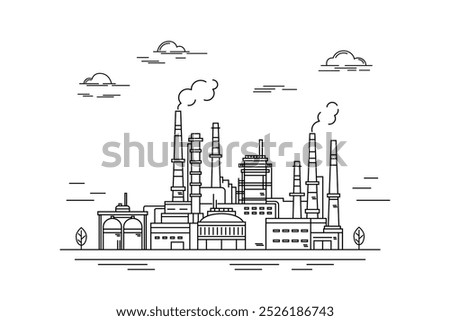 Oil refinery, factory, industrial plant, industrial landscape with clouds and trees. Contour drawing, line sketch on a white background.