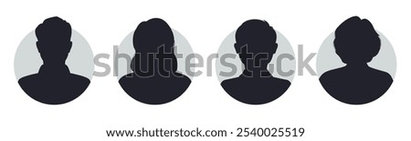 Collection of monochrome portraits, silhouettes, man, woman, people. Vector avatars in a circle. Unknown anonymous people, profiles on social networks. All objects are isolated