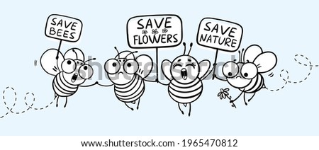 Save the bees - funny vector bees drawing. Illustration with cute cartoon bees and signboards. Environmental Protection. Commemorative design for Bee Day celebration