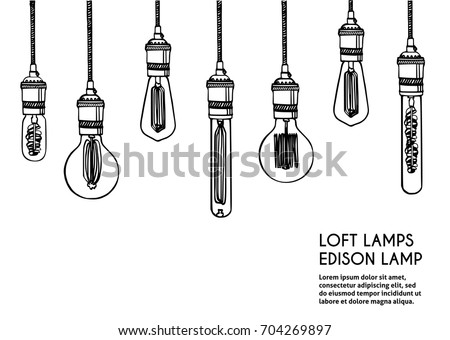 Hand drawn vector set of different geometric loft lamps. Edison lamps and modern  sketch. Vintage light bulbs doodle art hanging free hand line style vector