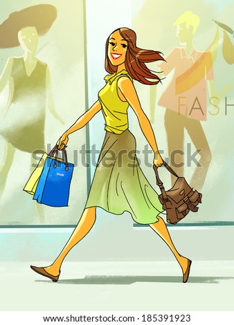 young girl with long hear smiling with shopping bags goes from store