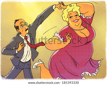 Elderly couple dancing. Overweight tall woman and a small skinny man.