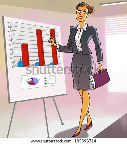 business woman in an office standing next to the chart makes a report