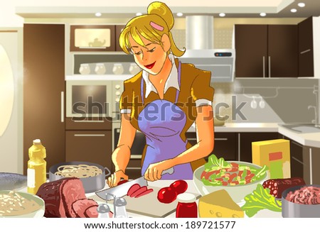 happy woman in the kitchen preparing a big holiday dinner