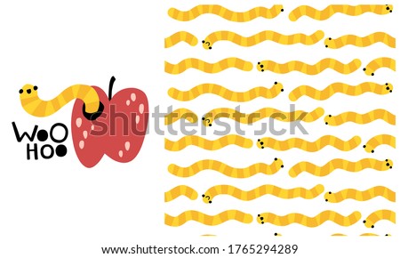 Funny worms. Vector seamless background and illustration with apple and the inscription in the set. Childish summer colorful background in simple cartoon hand-drawn style. Ideal for baby clothes