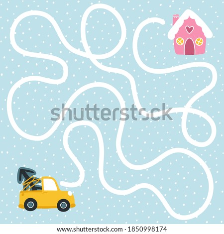 Christmas maze track game. Help the car get home in a blizzard. Board game for child development. Fun holidays. Vector hand-drawn cartoon illustrations in simple style. Pink palette.