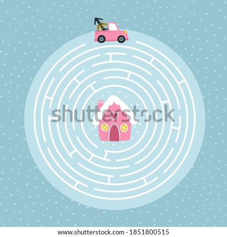 Christmas educational round maze puzzle suitable for games, book printing, applications, education. Help the car get home. Cute hand drawn illustration.