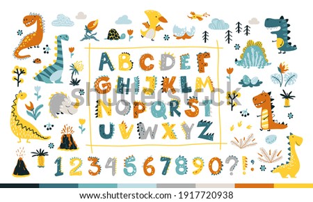 Dino collection with alphabet and numbers. Funny comic font in simple hand drawn cartoon style. Various dinosaur characters. Colorful isolated doodles on a white background