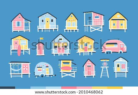 Beach houses and trailers. Cute summer cartoon nursery set in simple hand drawn childish scandinavian style. Tiny tropical buildings in a colorful pastel palette. Ideal for printing