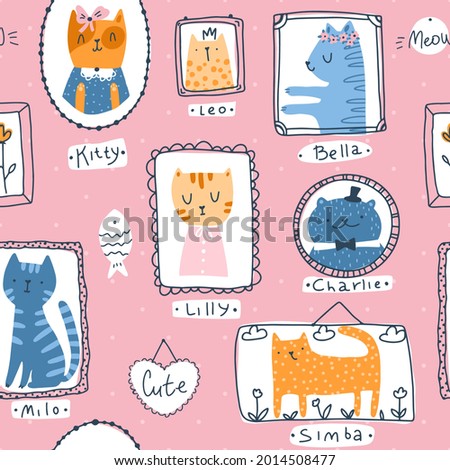 Kitty seamless pattern. Cat pet portraits in simple hand drawn Scandinavian cartoon childish style. Colorful cute doodle animals in frames on a pink background with nicknames