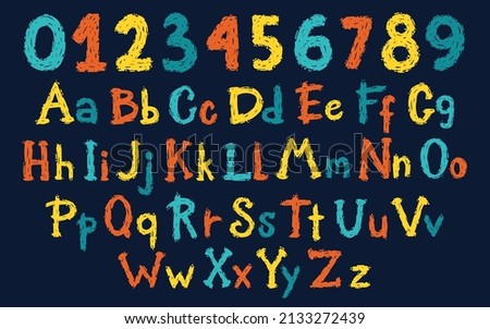 Rock grunge graffiti stamp abs, numbers. Vector English Alphabet in cartoon hand-drawn brush style. Colorful letters on a dark background. Ideal for baby names, birthday cards, kids t-shirt prints