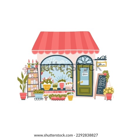Authentic flower shop. Exterior view of the facade in the city. Cute illustration in simple hand drawn cartoon style. Vector Isolate in a color palette on a white background