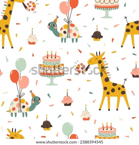 Birthday seamless pattern with cute animals. Vector hand drawn cartoon illustration of festive elements and funny characters. Vintage cheerful pastel palette is perfect for gift wrapping