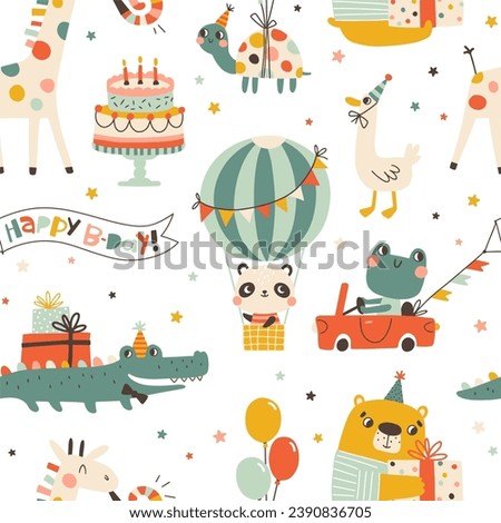 Birthday seamless pattern with cute animals. Vector hand drawn cartoon illustration of festive elements and funny characters. Vintage cheerful pastel palette is perfect for gift wrapping