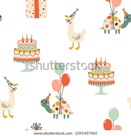 Birthday seamless pattern with cute animals. Vector hand drawn cartoon illustration of festive elements and funny characters. Vintage cheerful pastel palette is perfect for gift wrapping