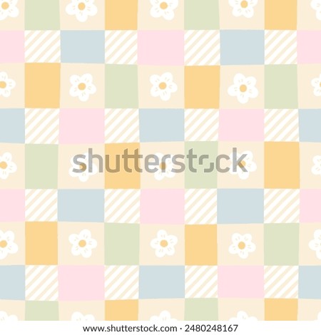 Gingham seamless vector pattern with meadow chamomile flowers. Tartan check for tablecloths, napkins, clothes, packaging, for the Easter holiday. Cozy cute childish background in a pastel palette