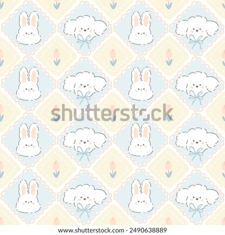 Kawaii seamless pattern with bunny rabbit and poodle puppy in rhombus cute pillows. Hand drawn cartoon characters in pastel soft palette, tulip flowers. For printing packaging, baby clothes, textiles