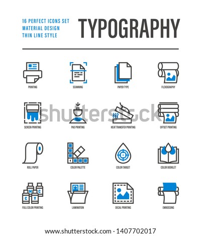 Typography, polygraphy thin line icons set. Printing, scanning, flexography, offset, roll paper, color palette, lamination, heat transfer printing, embossing. Vector illustration.