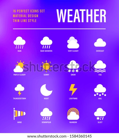 Weather flat icons: rain, overcast, partly cloudy, fog, snow, thunderstorm, hail, sleet, rainbow. Vector illustration for mobile app or widget.