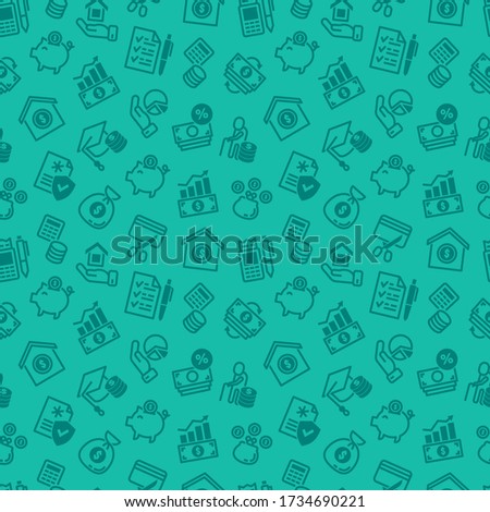 Financial success seamless pattern: track expenses, budget, emergency fund, credit card, home ownership, invest, retire, financial hygiene, health insurance. Thin line icons. Vector illustration.