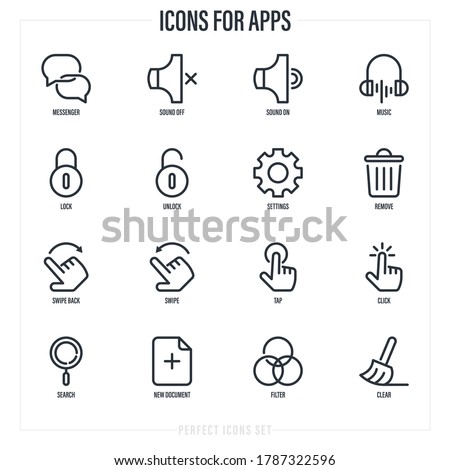Thin line icons set for mobile app. Messenger, sound off, sound on, music, lock, unlock, settings, remove, swipe, click, tap, search, add new document. Vector illustration.