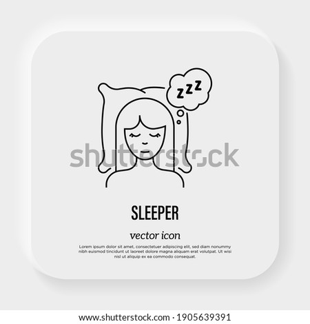 Girl sleeping on pillow with zzz symbol in speech bubble. Relaxation. Thin line icon. Vector illustration.