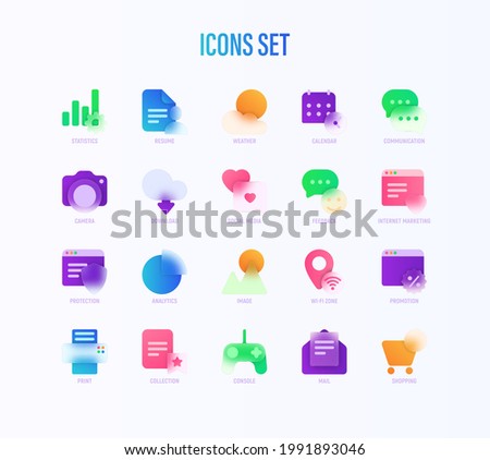 Icons set in glassmorphism style. Statistics, Calendar, Weather, Camera, Feedback, Social Media, Download, Internet Marketing, Wi-Fi Zone. Vector illustration.