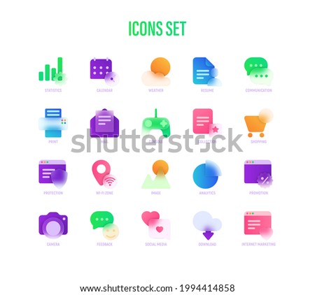 Icons set in glassmorphism style. Statistics, Calendar, Weather, Camera, Feedback, Social Media, Download, Internet Marketing, Wi-Fi Zone. Vector illustration.