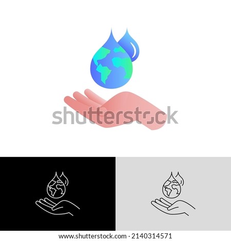 Water consumption concept, water droplet with planet Earth inside falling in human hand. Gradient flat icon. Save the water, conscious resource consumption. Vector illustration.