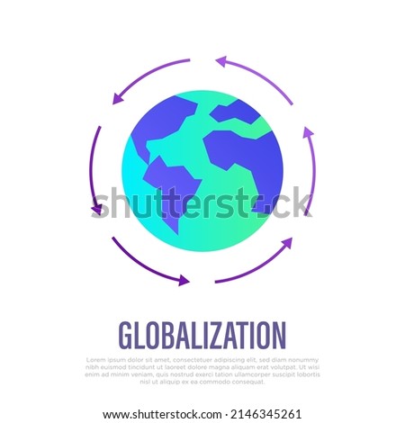Globalization, arrows around the planet. Gradient flat icon. International business, worldwide distribution, logistic transportation. Overconsumption. Vector illustration.