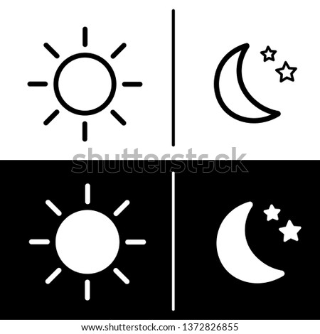 Day and night icon. The sun and moon with stars. Vector illustration in flat design outline stroke. White and black background.