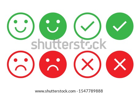 Icon circle face emotions right and wrong. Different smiley faces. The green and red check mark. Round buttons set yes and no. Vector illustration in flat design.
