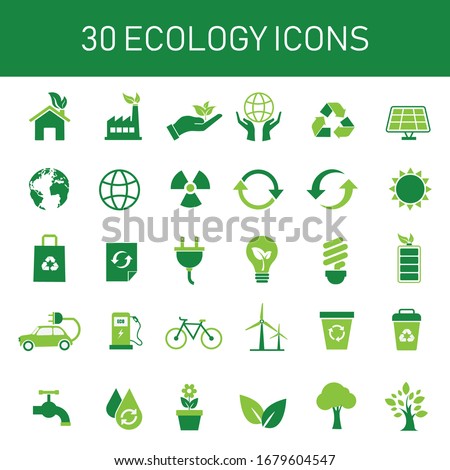 30 green ecology icon set. conservation saving support and solution.  energy sign and symbol. isolated on white background. vector illustration flat design. environment and sustainable concept.