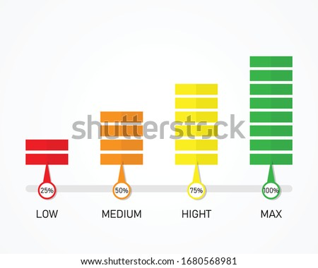 power bar level icon high medium and low. vertical indicator with percentage units. isolated on white background. vector illustration flat design.
